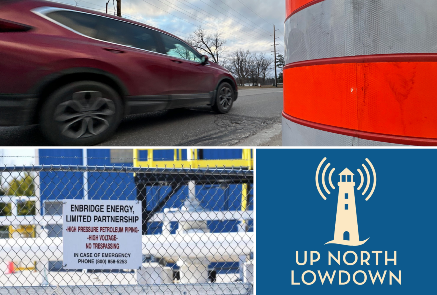 Top: A car drives past a construction barrel along East Front Street in Traverse City on Thursday afternoon. Orange barrels are staged along the side of the road, ready for detours and roadwork to begin March 10. (Photo: Ed Ronco/IPR News) Bottom: A view of Enbridge's Line 5 pumping station near Mackinaw City on the south side of the Straits of Mackinac. (File photo: Lester Graham/Michigan Public)