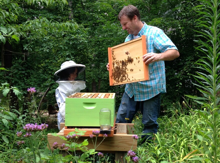 Marty Hanks teaches a child about the bees in her grandmother's front yard.