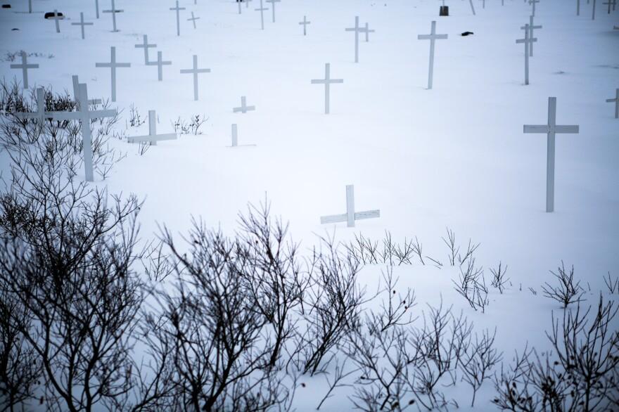 Grave markers and barren shrubs buried by snow in a Nuuk cemetery.