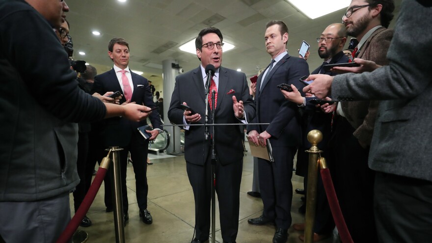 Defense team member and President Trump's personal lawyer Jay Sekulow speaks to the media during a dinner break Thursday.