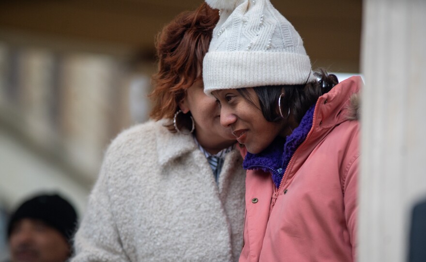 Attorney Traci Timko (left) speaks to Brittany Watts during a rally in Warren, Ohio after a grand jury declined to indict Watts on Thursday, Jan. 11, 2024.