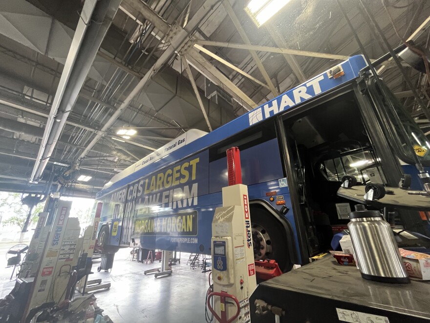 HART's heavy maintenance facility has several mechanics bays, but only some of them can hold certain buses because of an uneven ceiling.