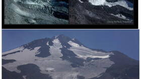 Bolam glacier on the north side of Mount Shasta photographed in 1977, 2012 and 2018. Warming temperatures have been causing the seven glaciers on Mount Shasta to shrink. 