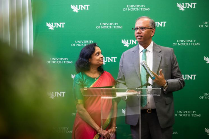 Anuradha and Vikas Sinha celebrate with the University of North Texas administration and community members as their $20 million gift to the university is announced Sept. 2.