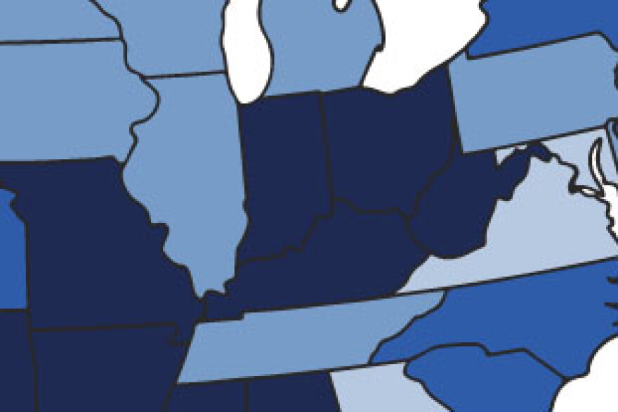 A closeup of a map from the report. The darkest states rank in the bottom quartile.