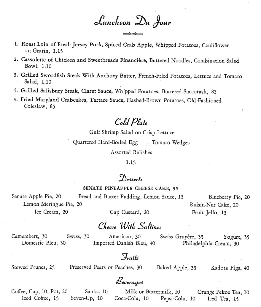 A 1954 menu from a Capitol Hill restaurant