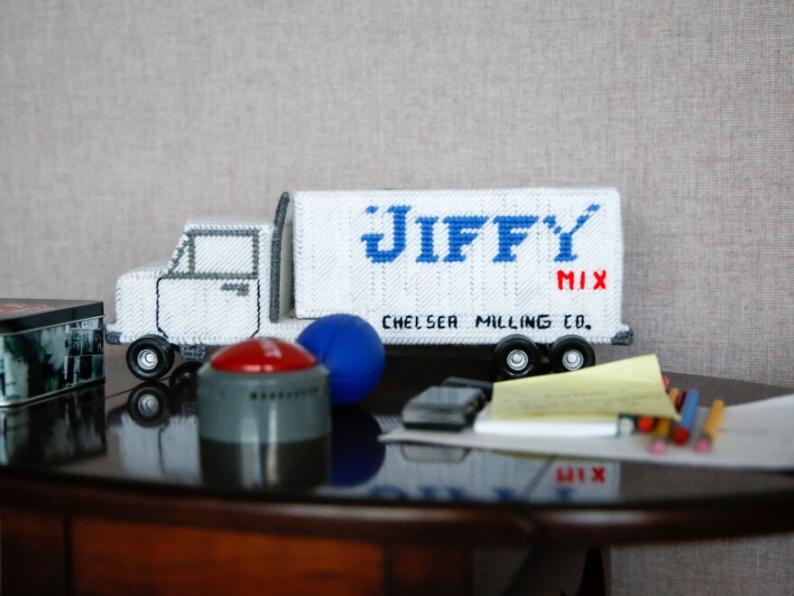 One of the many "Jiffy" themed toys, collectibles and trinkets that fill the offices of the Chelsea Milling Co.