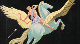 Book cover of Mythology by Edith Hamilton, featuring a man riding a winged horse against a black background.