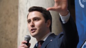 Indiana Rep. Andrew Ireland filed a measure to impeach "rogue" prosecutors and judges. He is pictured at a rally at the Indiana Statehouse on Friday, Dec. 5, 2025.