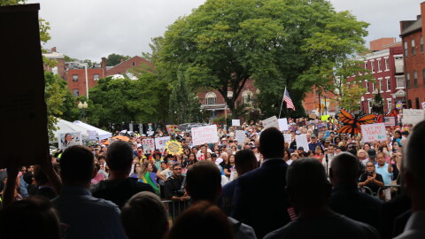 The view from behind the stage at a rally to protest ICE in Danbury, Connecticut on September 2, 2026.