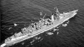 The USS Indianapolis (CA-35) underway at sea between May 1943 and May 1944.