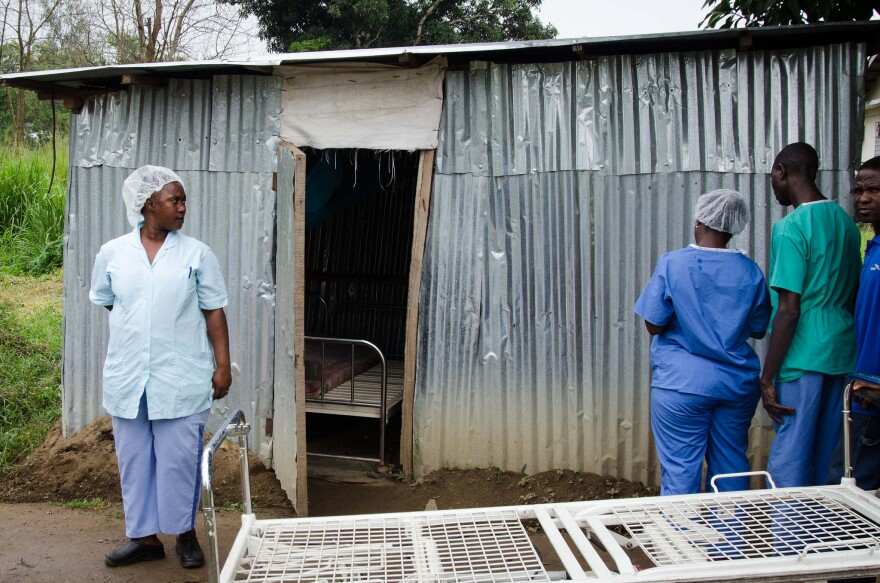 Helena MacCarthy outside of the break room — in a tin hut — for nurses working at the Ebola isolation unit.