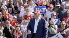 Republican presidential nominee former President Donald Trump shouts after speaking at a campaign event at Wilmington International Airport in Wilmington, N.C., Saturday, Sept. 21, 2024.