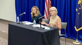 State Health Commissioner Dr. Kris Box, right, speaks at a press conference in August 2021. Dr. Lindsay Weaver, Indiana Department of Health chief medical officer, sits next to her. The governor's office announced announced Friday, May 12, Box would be retiring from her position and Weaver would be succeeding her.
