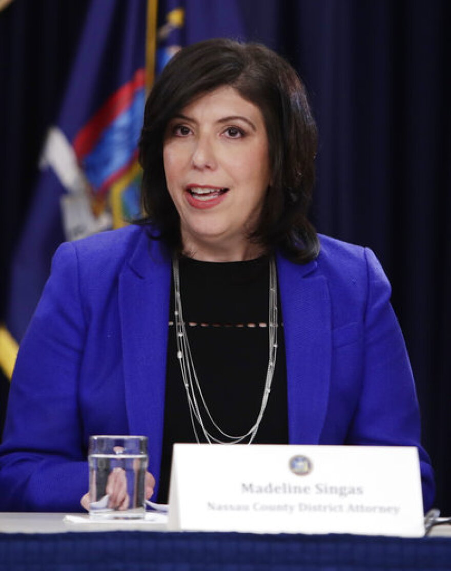 Nassau County District Attorney Madeline Singas speaks during a news conference Thursday, May 10, 2018, in New York. (AP Photo/Frank Franklin II)
