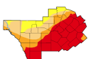 Drought map from the U.S. Drought Monitor this week shows extreme drought in red, while gold is severe drought and tan is moderate drought. Yellow represents abnormally dry spots