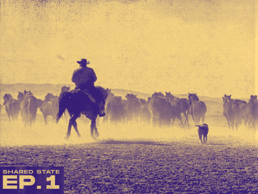 Graphic of a cowboy and dog herding cattle.