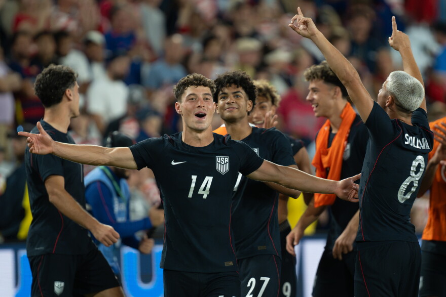 United States midfielder Sebastian Berhalter (14) celebrates with teammates after a 4-2 win over Chile in an international friendly game on Sept. 29 at Energizer Park. Prediction markets like Kalshi allow people to wager on whether sports teams will win or lose.