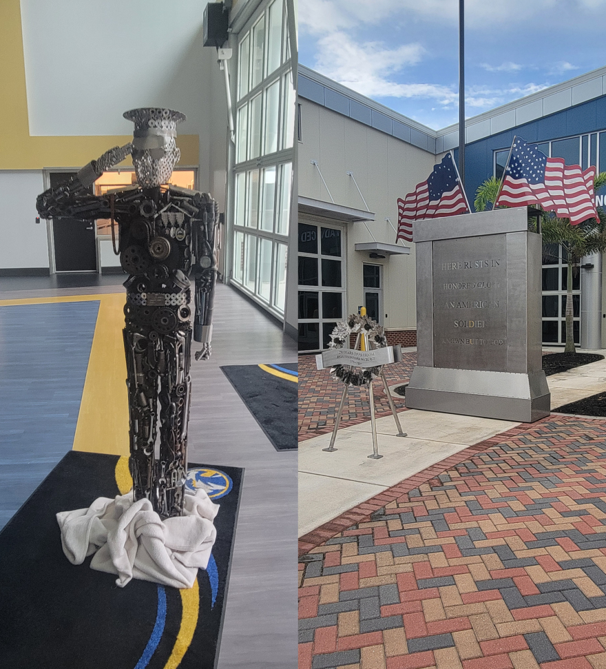 Two photos: On the left, a welded metal statue of a saluting solider, on the right, a welded wreath commemorating veterans