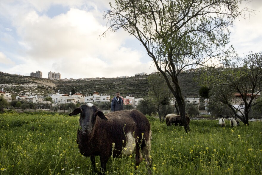 The Palestinian village of Marda in the West Bank mostly is made up of old stone houses. The Israeli settlement of Ariel is on the ridge line in the background.