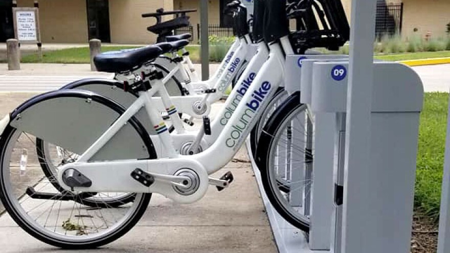 A ColumBIKE bike-share station at Donner Aquatic Center in Columbus.