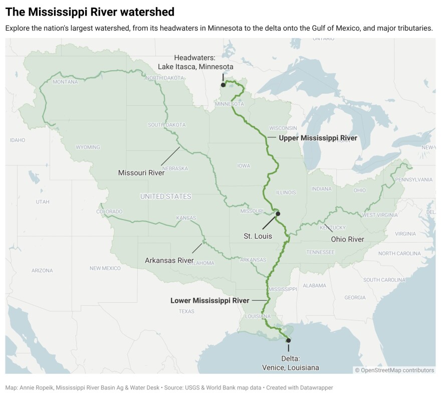 A map of the Mississippi River basin and the river’s major tributaries.