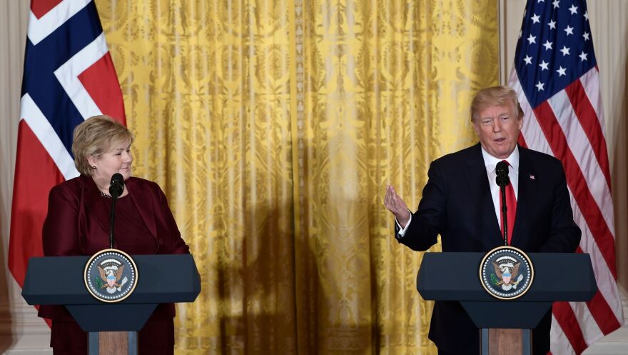 President Trump speaks during a news conference with Prime Minister of Norway Erna Solberg at the White House on Wednesday.