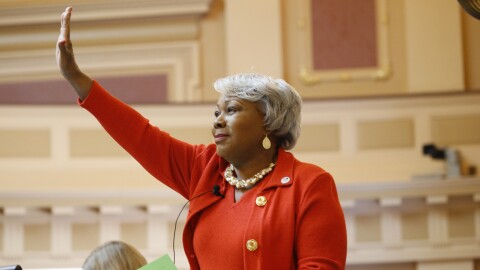 Senate President Pro Tempore, Sen. Louise Lucas, D-Portsmouth, recognizes a visitor in the gallery as she presides over the Senate at the Capitol, Jan 27, 2020, in Richmond, Va. Lucas vowed Wednesday, March 6, 2024, to keep language enabling a proposed relocation by the NBA’s Washington Wizards and NHL’s Washington Capitals to Alexandria out of the state budget lawmakers will take up later this week.