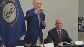 Sen. Mitch McConnell speaks to reporters at CVG International Airport April 7, 2026.