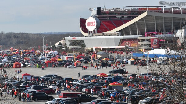 Kansas City Chiefs tailgaters set up before the AFC Championship Game at Arrowhead Stadium, Jan. 31, 2022.