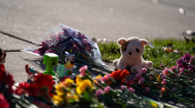 A stuffed animal and other items mark a makeshift memorial in front of Silver Rail Elementary School.