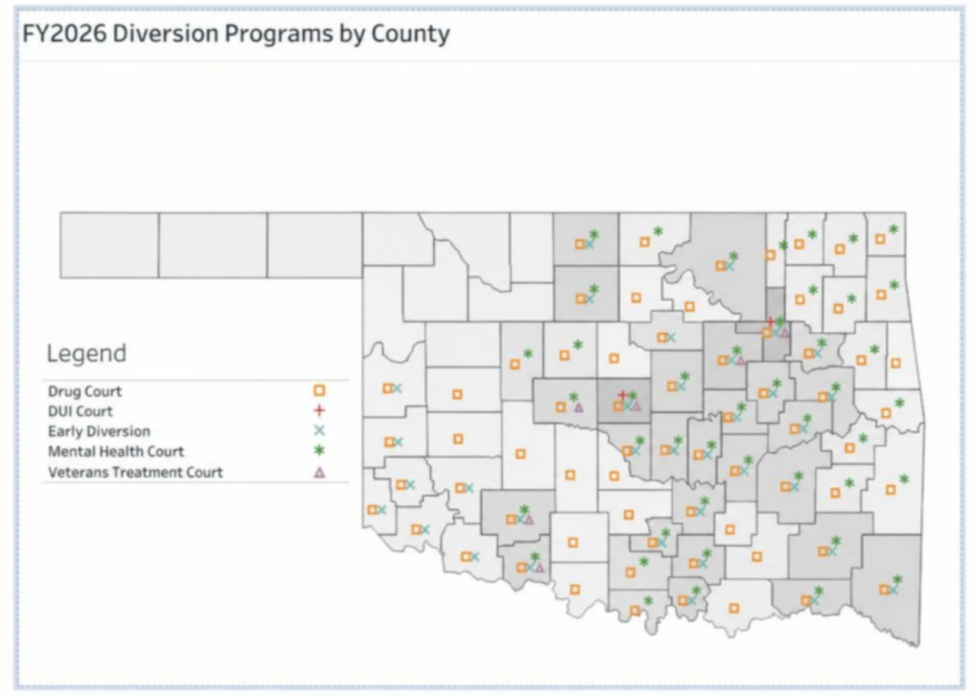 The map shows the distribution of treatment courts and diversion programs across Oklahoma.