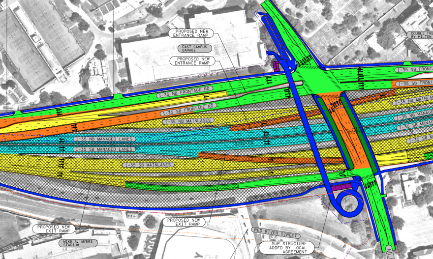 An engineering schematic for I-35 expansion. It is a color-coded map overlaid on an aerial photograph, showing various aspects of a highway system. Most of the area shown is just north of the Martin Luther King Jr. Boulevard bridge over I-35.