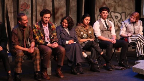 The cast of Montana Shakespeare in the Schools Richard III, 2025 at a recent workshop: Isa Grofsorean, Dustin Valenta, Evan Joslyn, Esther Fishbein, Ahlora Victoria, Joshua Henry Brelsford, Haley Basil, Giuseppe Michael Pipicella.