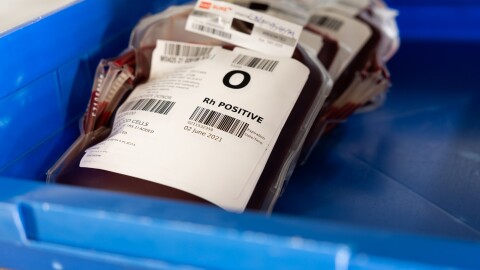Bags of blood sit in a blue plastic container. The top one has a visible label that says O positive. 