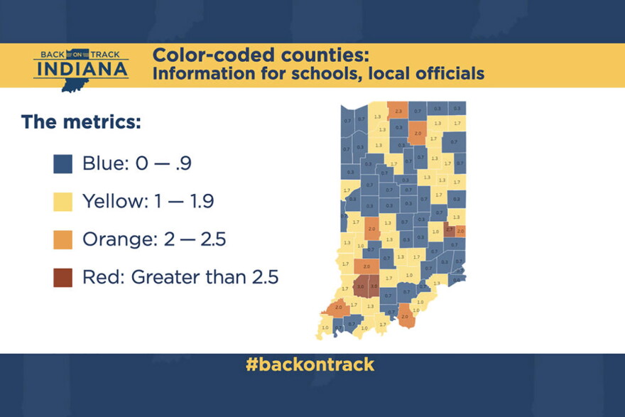 Each county will have a color – blue, yellow, orange or red – that indicates severity of COVID-19’s spread.