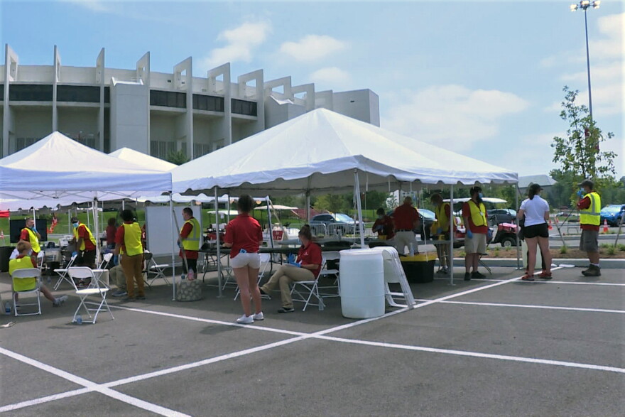 Students undergo mandatory coronavirus testing upon returning to the Indiana University-Bloomington campus, Aug. 10, 2020.