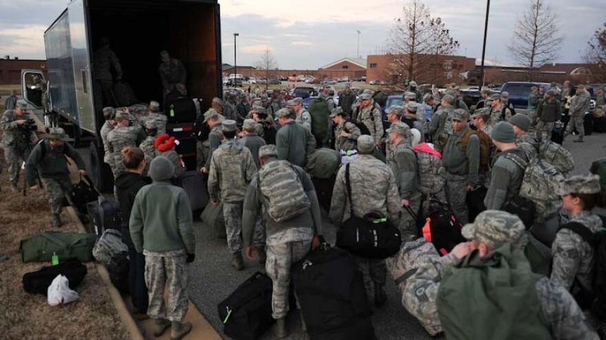 A group of airmen at Langley Eustis deploy to Japan, Jan. 8.2013. (Image: Department of Defense)