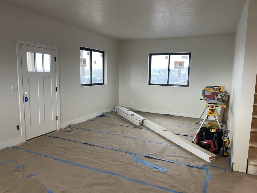 Construction is underway in the home's living room.