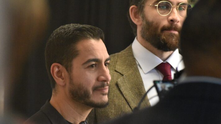 Democratic U.S. Senate candidate Abdul El-Sayed, left, and political influencer Hasan Piker, right, take questions from the media before an event on the campus of Michigan State University in East Lansing, Mich on April 7, 2026