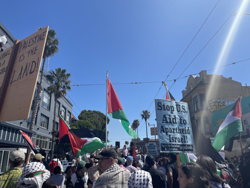 San Francisco community members attend a rally commemorating the 75th year of the Nakba on May 13, 2023