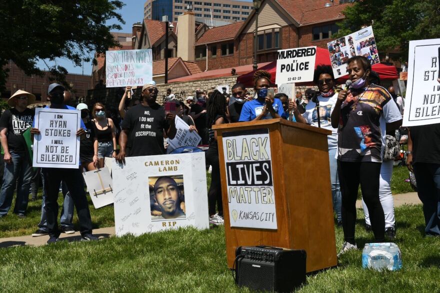 Nareen Stokes, whose son Ryan Stokes was killed by a Kansas City Police Department officer, talks about her son at Sunday's protest on the Plaza.