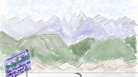 A cartoon of several mountains in a mountain range say foreboding things to hikers who would attempt to scale them.
