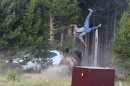 Washington resident Carl McDaniel reaches about eight feet in the air after being struck by a bison near Yellowstone Lake on July 10, 2026.