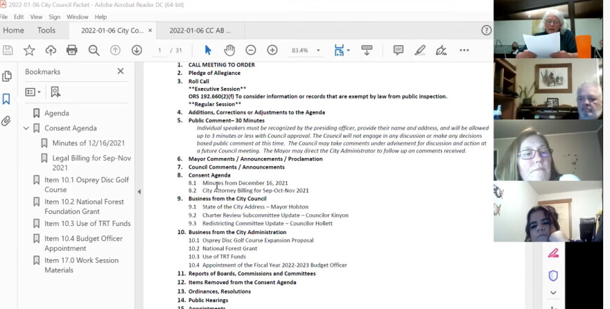 Screenshot of the Oakridge City Council Meeting on Thursday, Jan. 6, 2022.