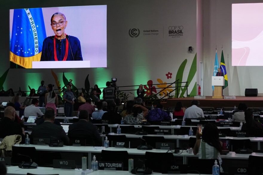 Marina Silva, Brazil environment minister, speaks during a plenary session at the COP30 U.N. Climate Summit, Tuesday, Nov. 18, 2025, in Belem, Brazil.