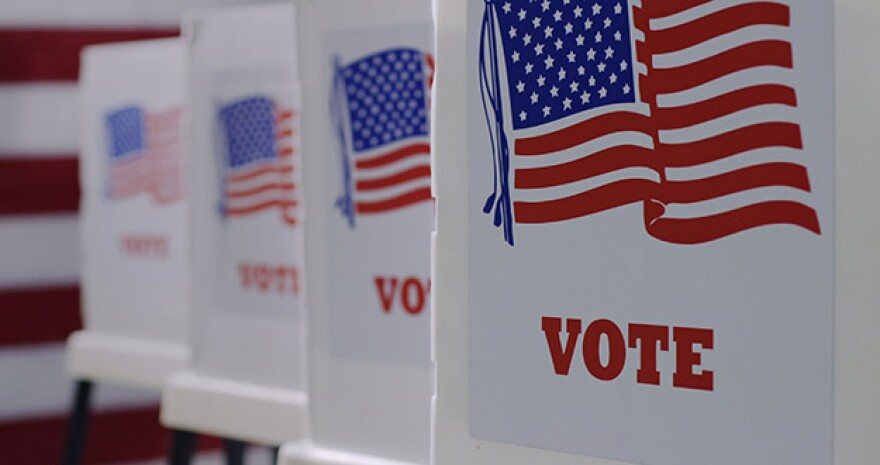 A photo of a line of voting booths designed with an American flag.