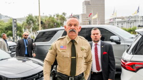 Riverside County Sheriff Chad Bianco arrives at the Supreme Court of California in San Francisco for a hearing about his seizure and recount of more than half a million 2025 election ballots on Aug. 24, 2026.