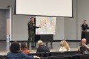 Washoe County Sheriff Darin Balaam at O'Brien Middle School talking to attendees about fire updates.