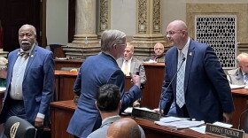 Left to right standing-Senate Minority Floor Leader Gerald Neal-Senate Majority Floor Leader Damon Thayer-London Senator Brandon Storm- Facing in the forefront-Lexington Senator Reggie Thomas